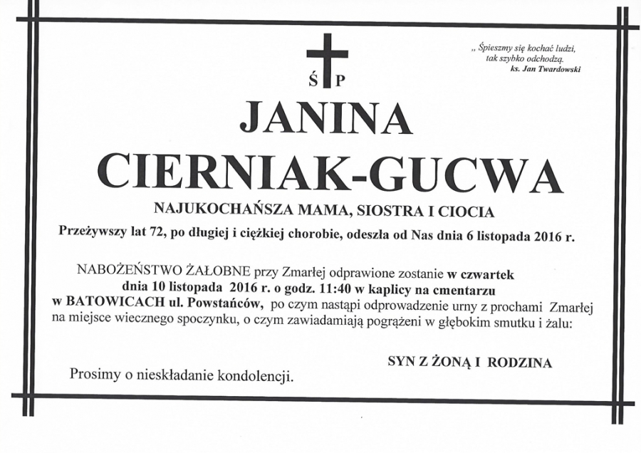 Zmarła Janina Cierniak-Gucwa